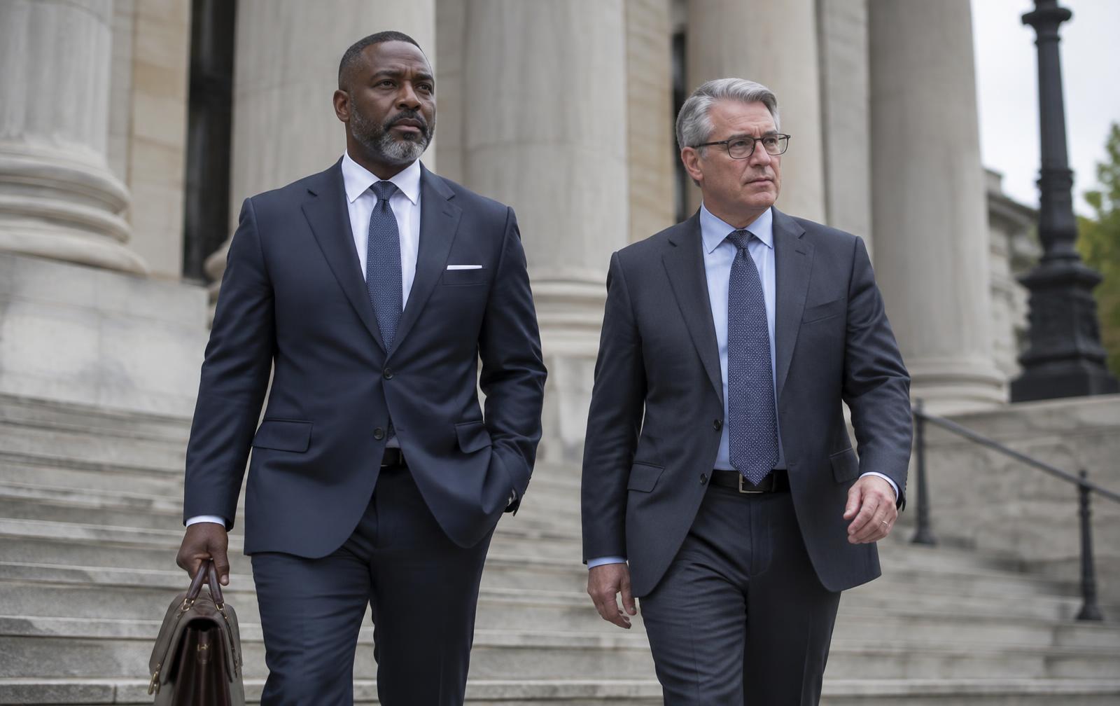 Two attorneys in dark suits walking down the stone steps outside a courthouse