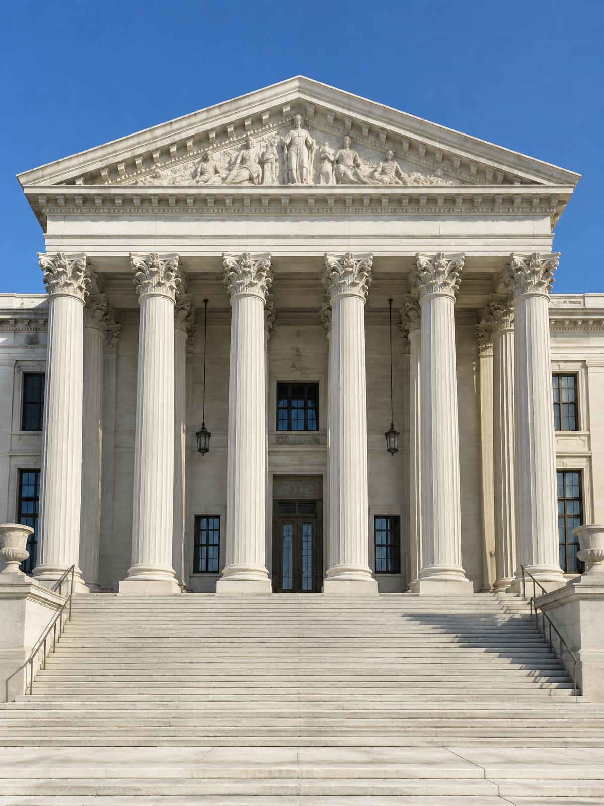 A classical courthouse with tall stone columns and wide steps under a clear sky